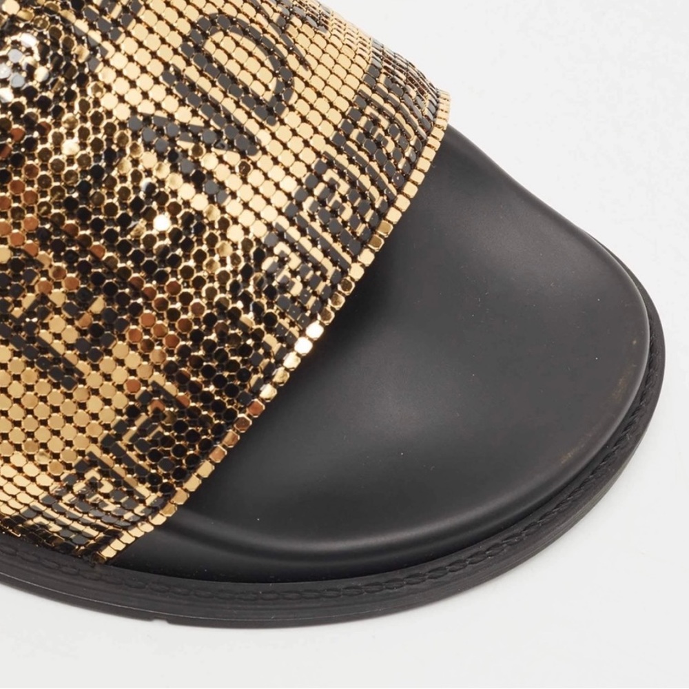 NWT FENDI NIB BLK/GOLD METAL MESH LOGO POOL SLIDES MADE IN ITALY 38EU 7.5 - Picture 8 of 14